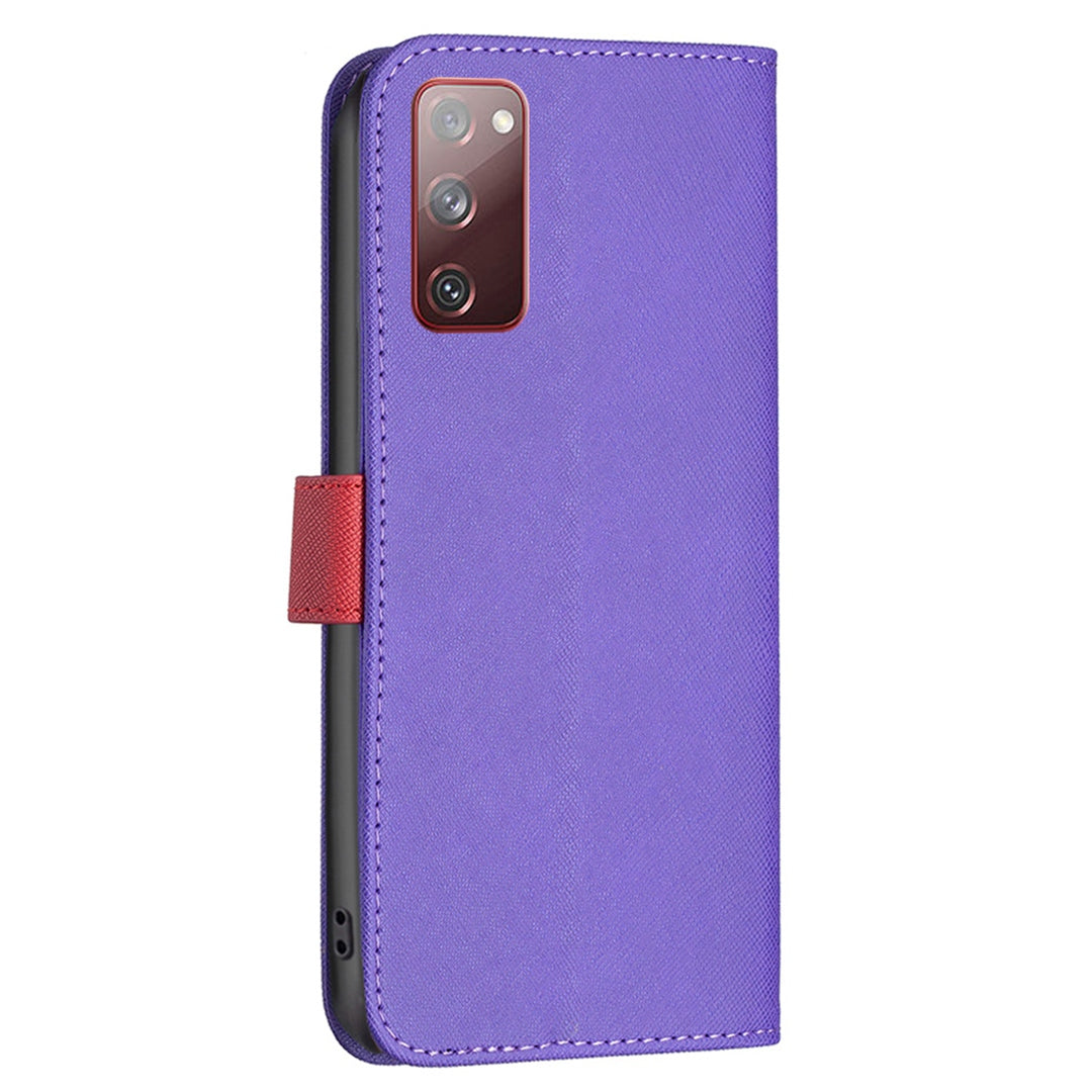 BINFEN COLOR For Samsung Galaxy S20 FE 2022/S20 FE 4G/FE 5G/S20 Lite BF Leather Series-9 Style 13 Cross Texture Matte PU Leather Cover Splicing Design Drop-proof Phone Stand Wallet Case - Purple