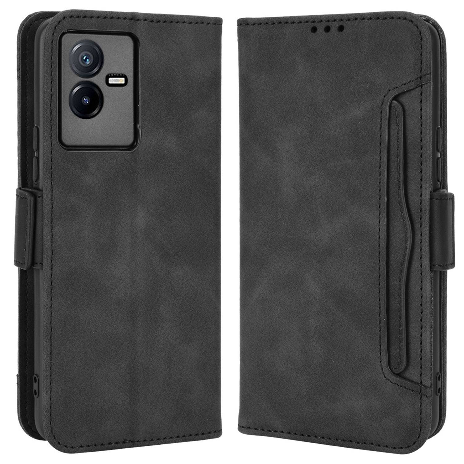 For vivo T2x 5G Stand Feature Multiple Card Slots Case PU Leather Wallet Magnetic Clasp Drop-proof Shell - Black