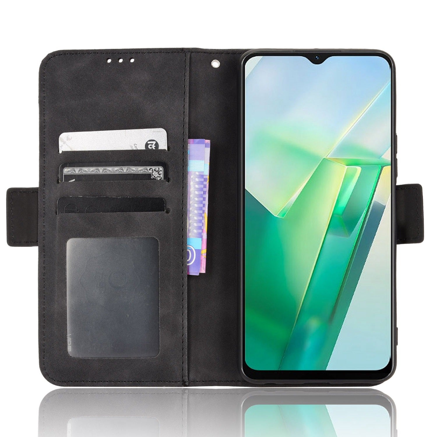 For vivo T2x 5G Stand Feature Multiple Card Slots Case PU Leather Wallet Magnetic Clasp Drop-proof Shell - Black