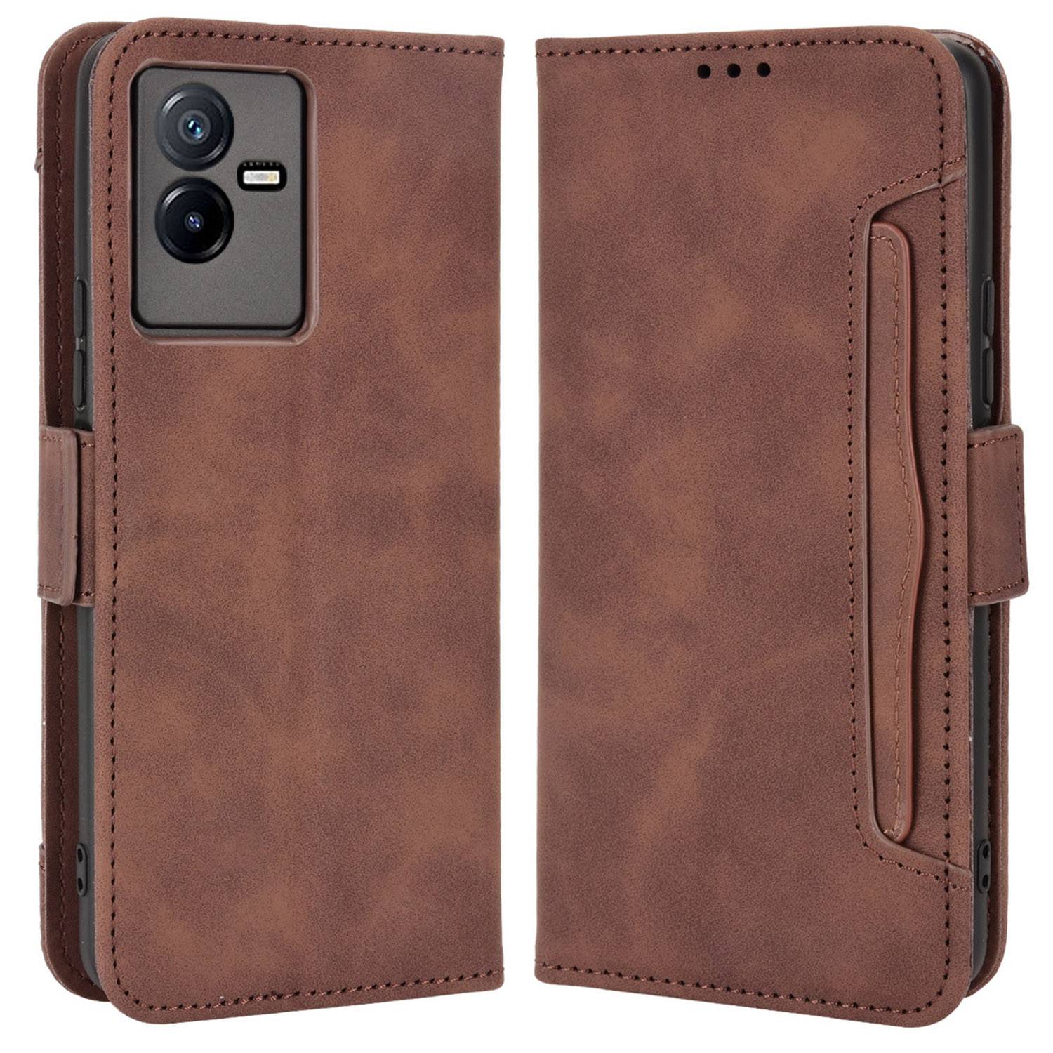 For vivo T2x 5G Stand Feature Multiple Card Slots Case PU Leather Wallet Magnetic Clasp Drop-proof Shell - Brown