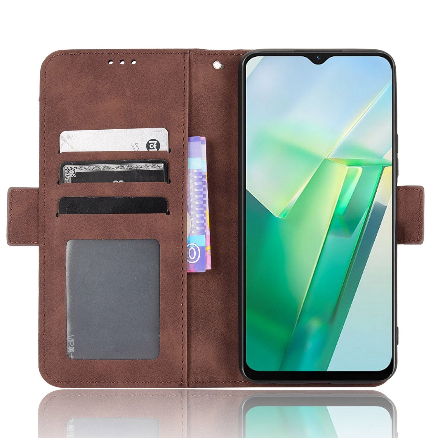 For vivo T2x 5G Stand Feature Multiple Card Slots Case PU Leather Wallet Magnetic Clasp Drop-proof Shell - Brown