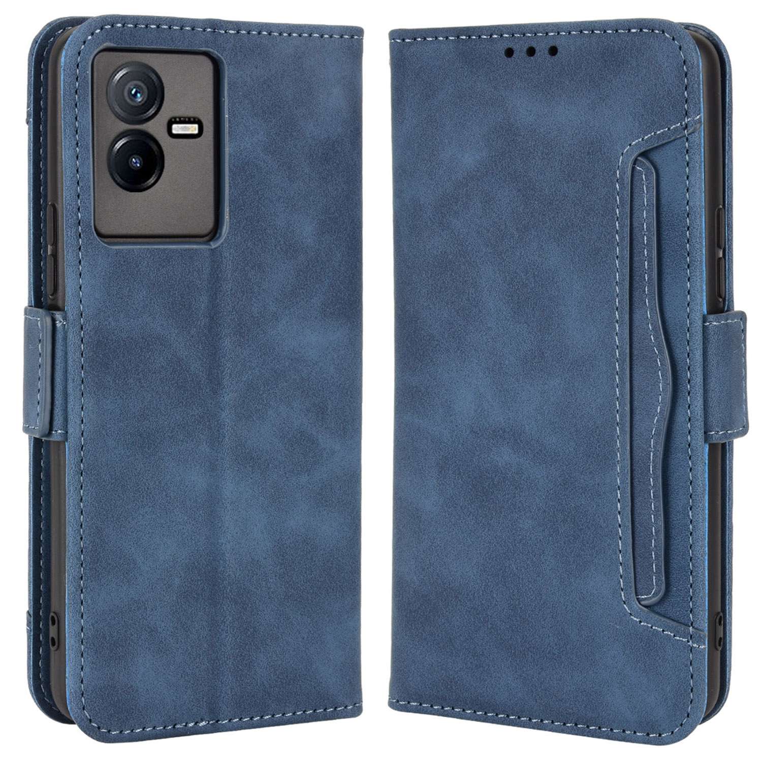 For vivo T2x 5G Stand Feature Multiple Card Slots Case PU Leather Wallet Magnetic Clasp Drop-proof Shell - Blue