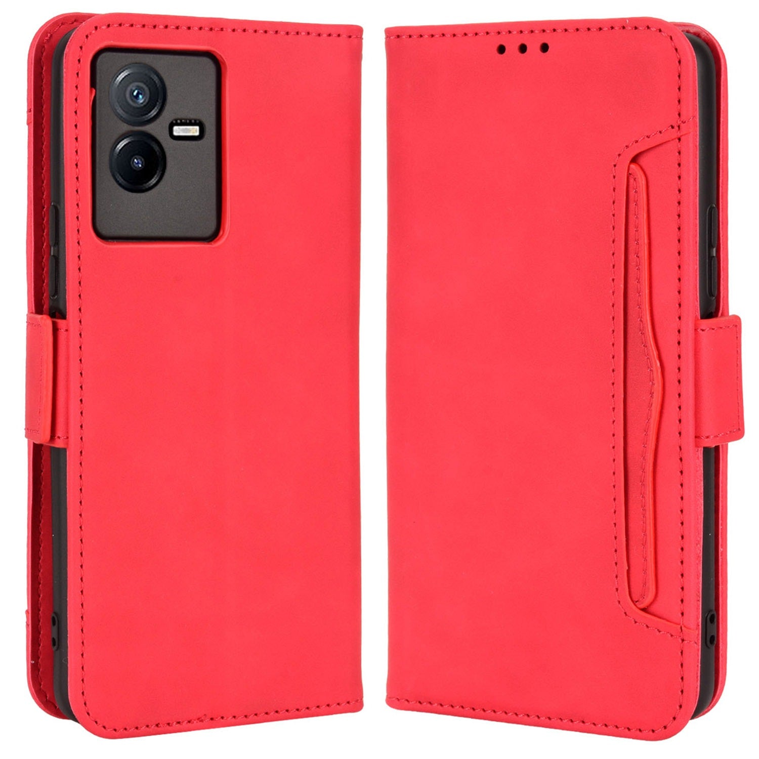 For vivo T2x 5G Stand Feature Multiple Card Slots Case PU Leather Wallet Magnetic Clasp Drop-proof Shell - Red