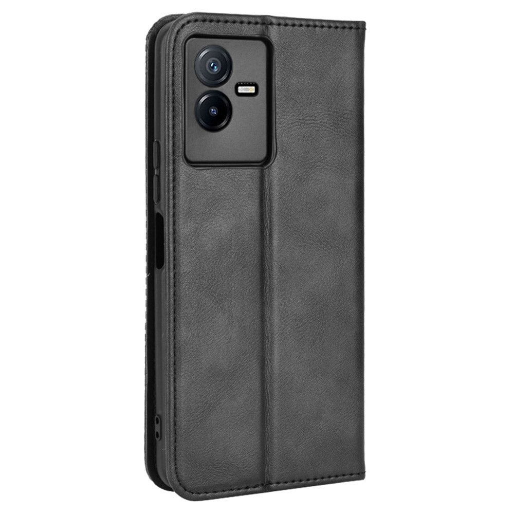 For vivo T2x 5G Retro Texture Leather Cell Phone Case Stand Magnetic Absorption Wallet Style Anti-shock Shell - Black