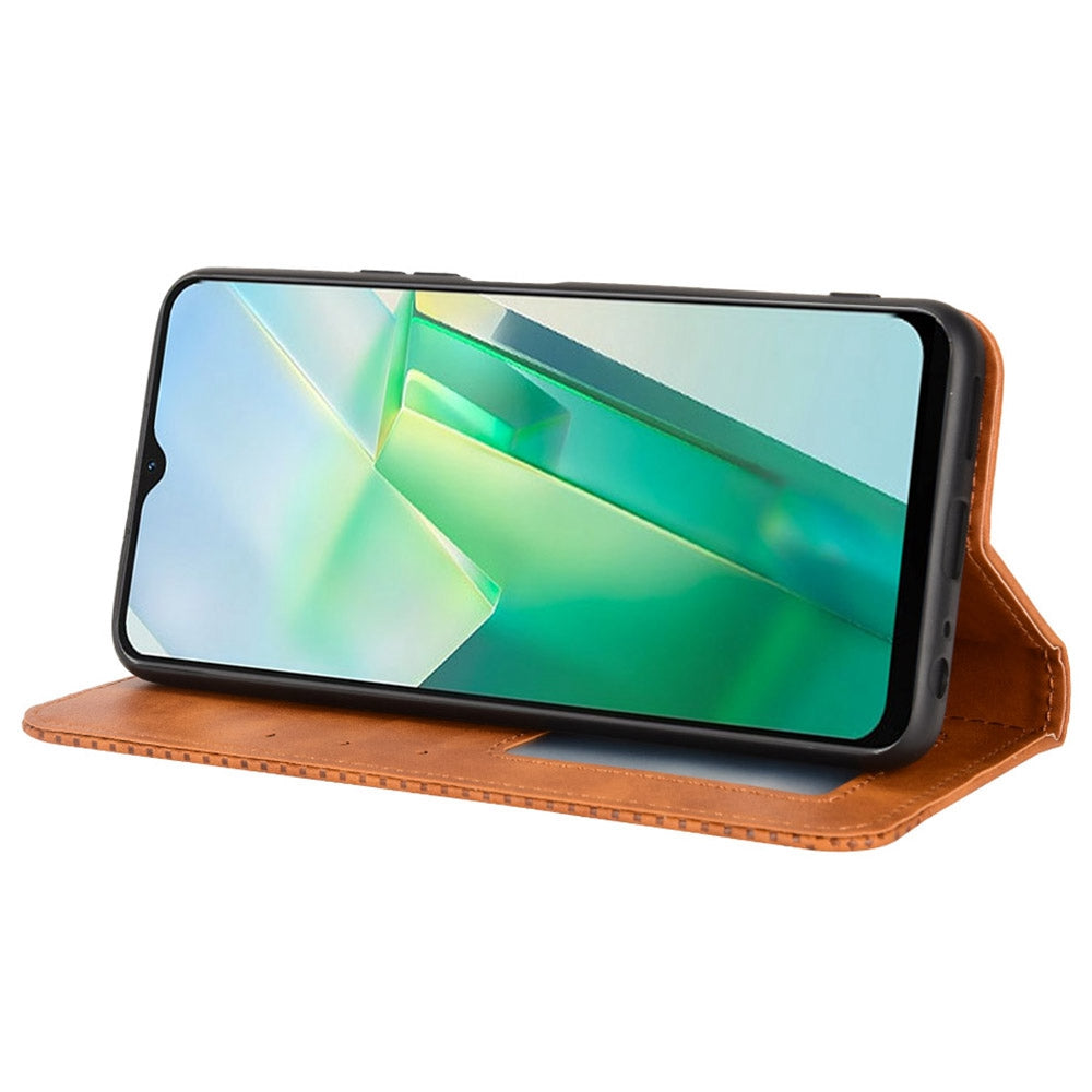 For vivo T2x 5G Retro Texture Leather Cell Phone Case Stand Magnetic Absorption Wallet Style Anti-shock Shell - Brown