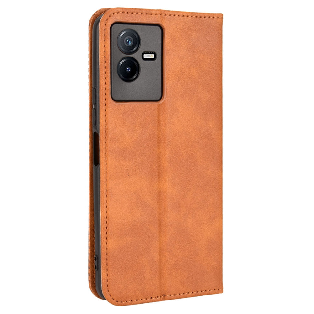 For vivo T2x 5G Retro Texture Leather Cell Phone Case Stand Magnetic Absorption Wallet Style Anti-shock Shell - Brown