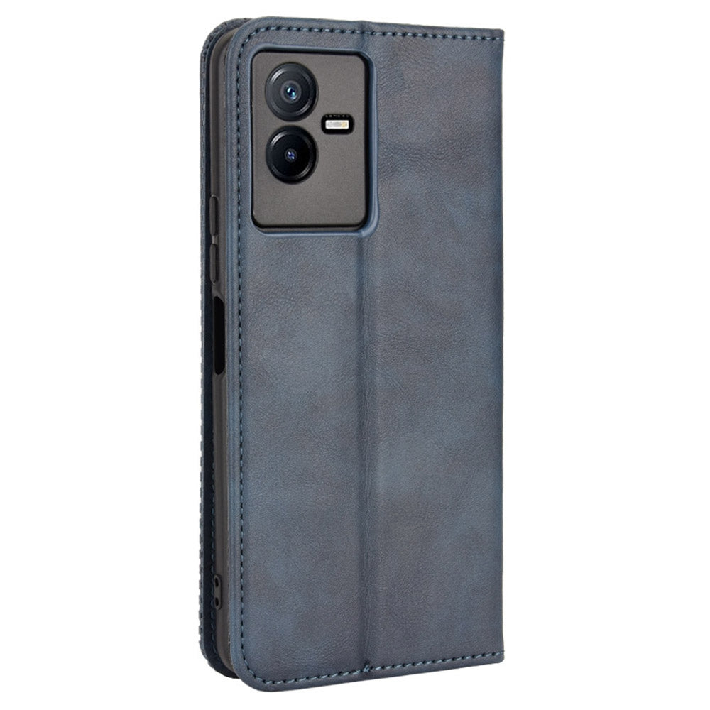 For vivo T2x 5G Retro Texture Leather Cell Phone Case Stand Magnetic Absorption Wallet Style Anti-shock Shell - Blue