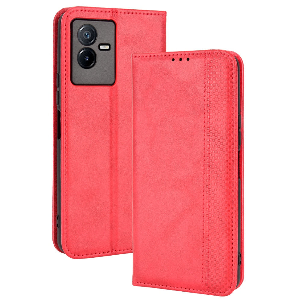 For vivo T2x 5G Retro Texture Leather Cell Phone Case Stand Magnetic Absorption Wallet Style Anti-shock Shell - Red