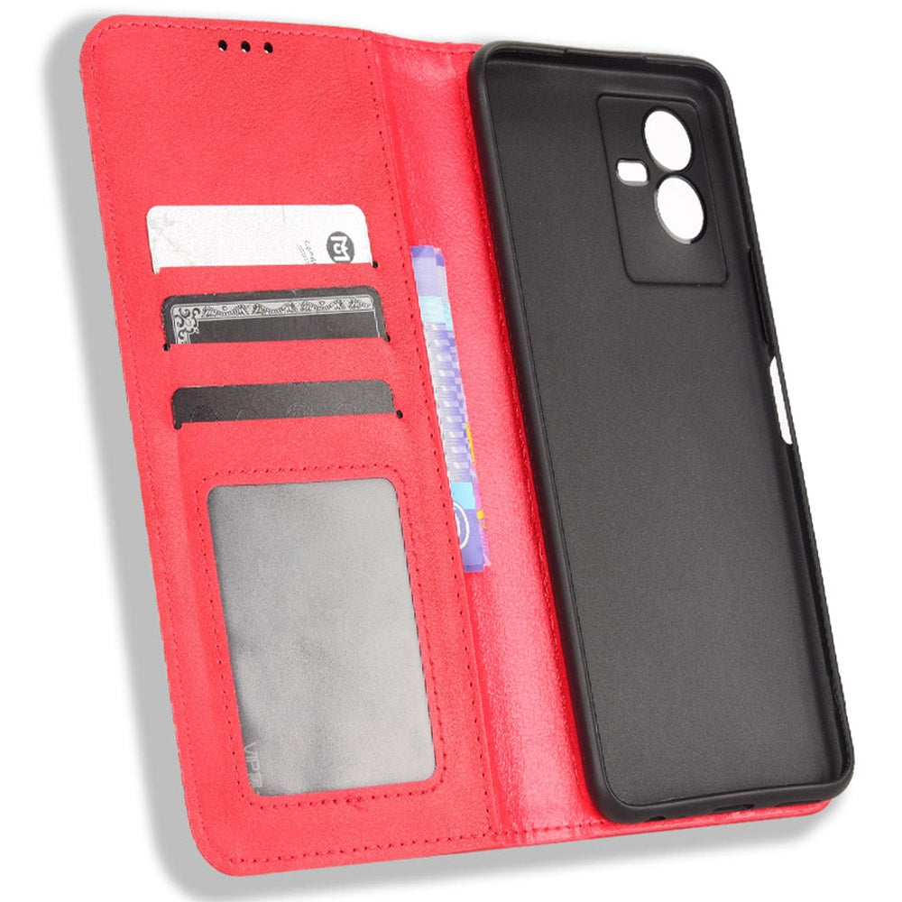 For vivo T2x 5G Retro Texture Leather Cell Phone Case Stand Magnetic Absorption Wallet Style Anti-shock Shell - Red