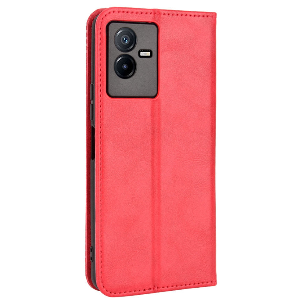 For vivo T2x 5G Retro Texture Leather Cell Phone Case Stand Magnetic Absorption Wallet Style Anti-shock Shell - Red