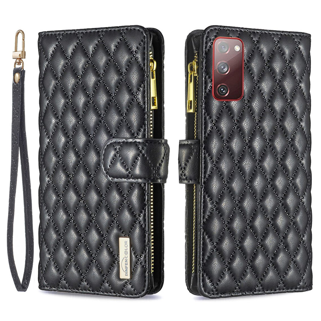 BINFEN COLOR for Samsung Galaxy S20 FE 4G / FE 5G / S20 Lite / S20 FE 2022 BF Style-15 Well-protected Imprinted Rhombus Pattern Case with Zipper Pocket Stand Matte PU Leather Wallet Cover - Black