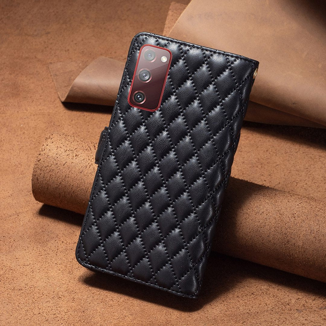 BINFEN COLOR for Samsung Galaxy S20 FE 4G / FE 5G / S20 Lite / S20 FE 2022 BF Style-15 Well-protected Imprinted Rhombus Pattern Case with Zipper Pocket Stand Matte PU Leather Wallet Cover - Black