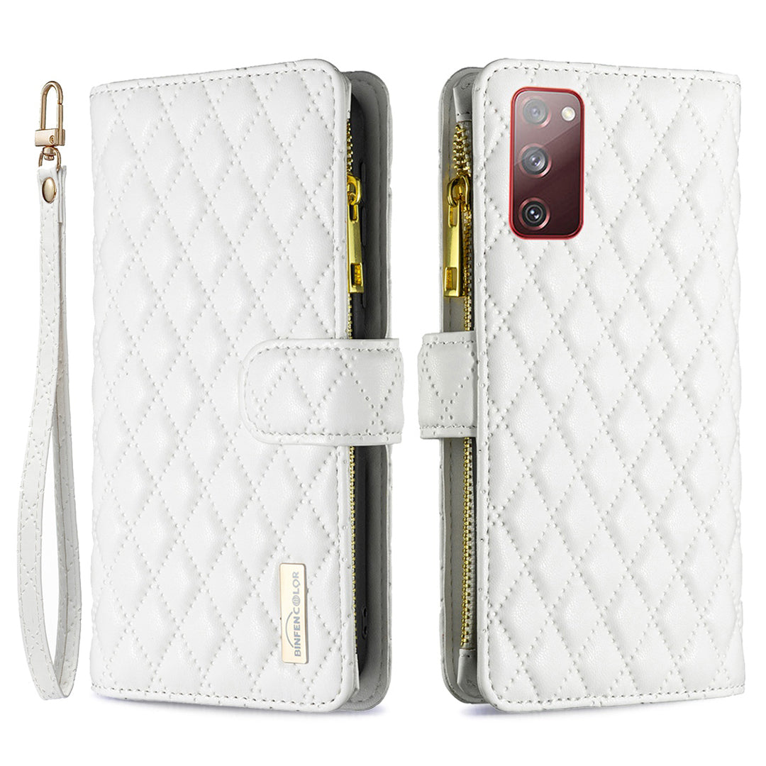 BINFEN COLOR for Samsung Galaxy S20 FE 4G / FE 5G / S20 Lite / S20 FE 2022 BF Style-15 Well-protected Imprinted Rhombus Pattern Case with Zipper Pocket Stand Matte PU Leather Wallet Cover - White