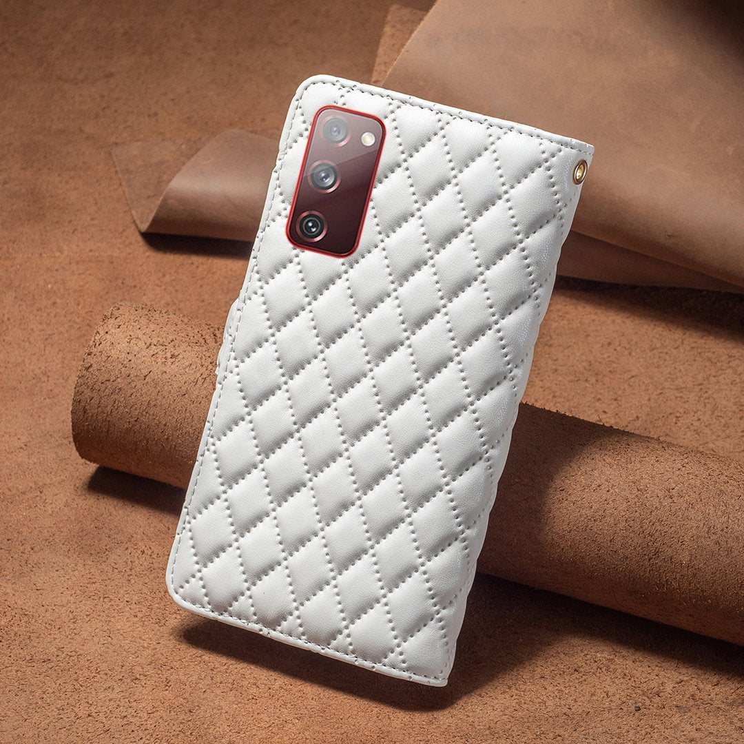 BINFEN COLOR for Samsung Galaxy S20 FE 4G / FE 5G / S20 Lite / S20 FE 2022 BF Style-15 Well-protected Imprinted Rhombus Pattern Case with Zipper Pocket Stand Matte PU Leather Wallet Cover - White