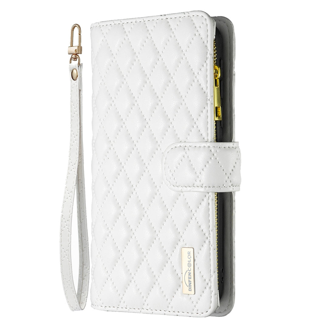 BINFEN COLOR for Samsung Galaxy S20 FE 4G / FE 5G / S20 Lite / S20 FE 2022 BF Style-15 Well-protected Imprinted Rhombus Pattern Case with Zipper Pocket Stand Matte PU Leather Wallet Cover - White