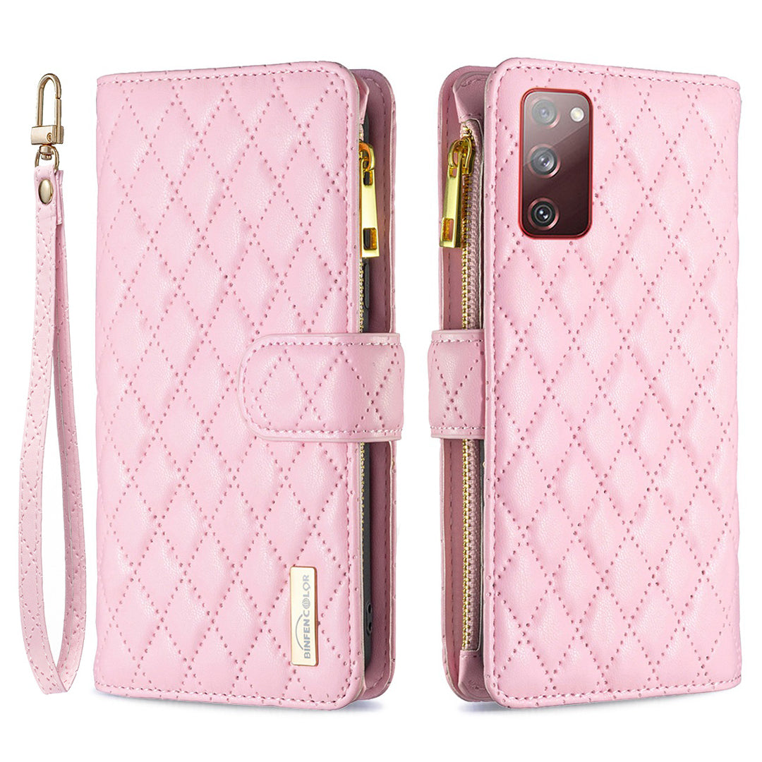 BINFEN COLOR for Samsung Galaxy S20 FE 4G / FE 5G / S20 Lite / S20 FE 2022 BF Style-15 Well-protected Imprinted Rhombus Pattern Case with Zipper Pocket Stand Matte PU Leather Wallet Cover - Pink