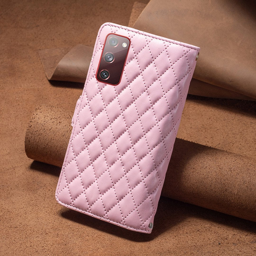 BINFEN COLOR for Samsung Galaxy S20 FE 4G / FE 5G / S20 Lite / S20 FE 2022 BF Style-15 Well-protected Imprinted Rhombus Pattern Case with Zipper Pocket Stand Matte PU Leather Wallet Cover - Pink