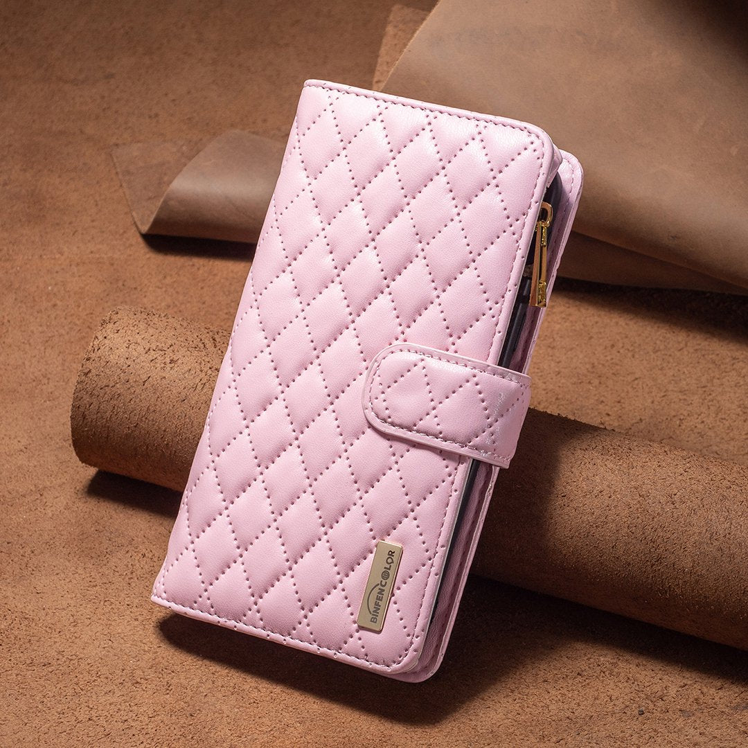 BINFEN COLOR for Samsung Galaxy S20 FE 4G / FE 5G / S20 Lite / S20 FE 2022 BF Style-15 Well-protected Imprinted Rhombus Pattern Case with Zipper Pocket Stand Matte PU Leather Wallet Cover - Pink