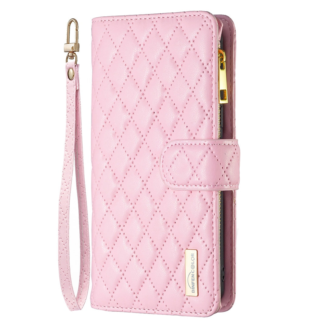 BINFEN COLOR for Samsung Galaxy S20 FE 4G / FE 5G / S20 Lite / S20 FE 2022 BF Style-15 Well-protected Imprinted Rhombus Pattern Case with Zipper Pocket Stand Matte PU Leather Wallet Cover - Pink