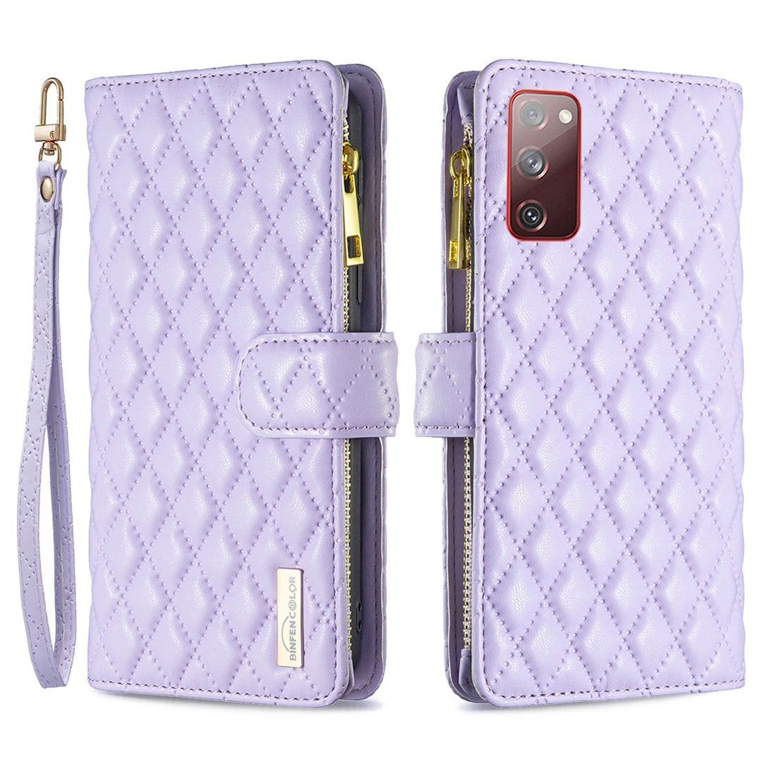 BINFEN COLOR for Samsung Galaxy S20 FE 4G / FE 5G / S20 Lite / S20 FE 2022 BF Style-15 Well-protected Imprinted Rhombus Pattern Case with Zipper Pocket Stand Matte PU Leather Wallet Cover - Purple