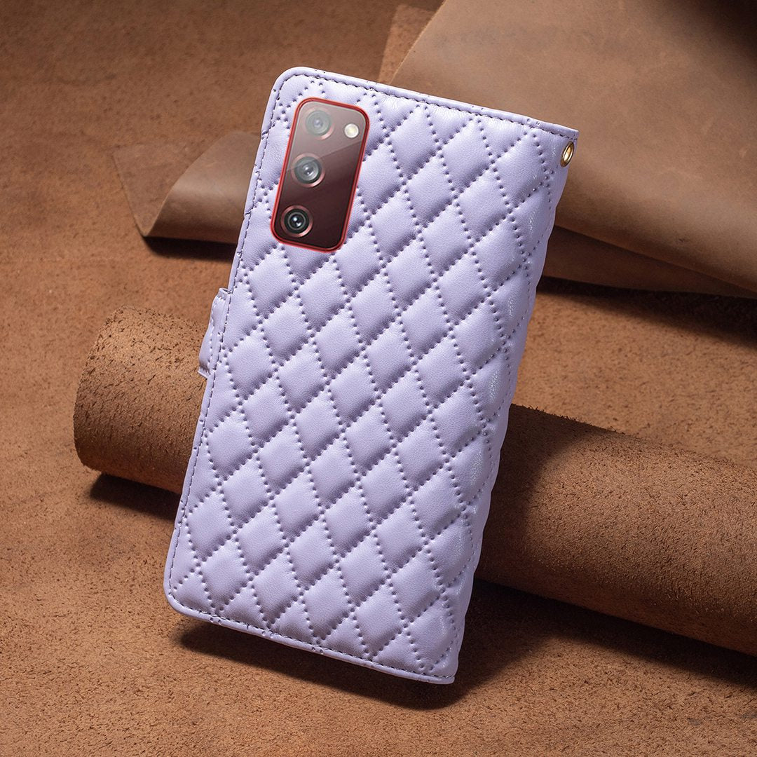 BINFEN COLOR for Samsung Galaxy S20 FE 4G / FE 5G / S20 Lite / S20 FE 2022 BF Style-15 Well-protected Imprinted Rhombus Pattern Case with Zipper Pocket Stand Matte PU Leather Wallet Cover - Purple