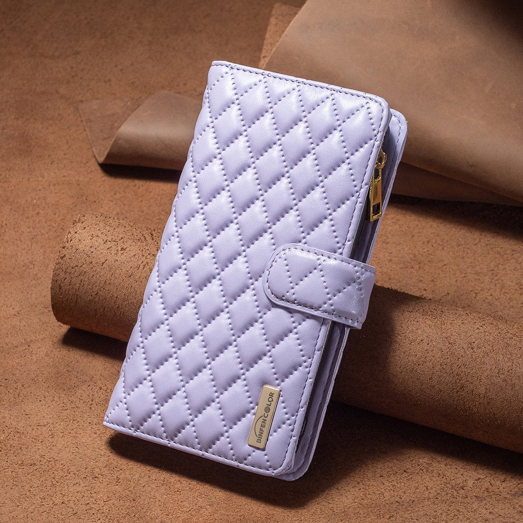 BINFEN COLOR for Samsung Galaxy S20 FE 4G / FE 5G / S20 Lite / S20 FE 2022 BF Style-15 Well-protected Imprinted Rhombus Pattern Case with Zipper Pocket Stand Matte PU Leather Wallet Cover - Purple