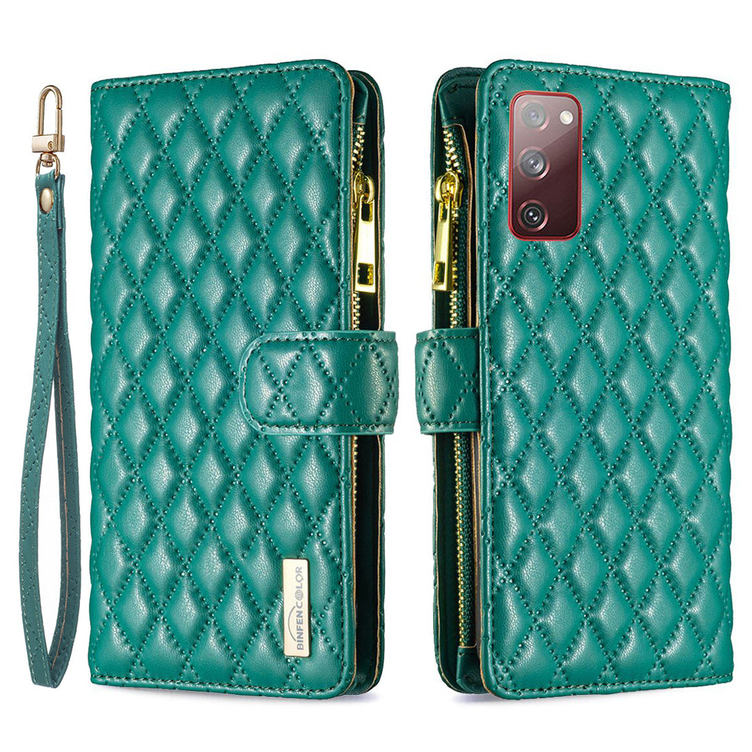 BINFEN COLOR for Samsung Galaxy S20 FE 4G / FE 5G / S20 Lite / S20 FE 2022 BF Style-15 Well-protected Imprinted Rhombus Pattern Case with Zipper Pocket Stand Matte PU Leather Wallet Cover - Green