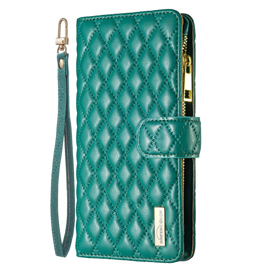 BINFEN COLOR for Samsung Galaxy S20 FE 4G / FE 5G / S20 Lite / S20 FE 2022 BF Style-15 Well-protected Imprinted Rhombus Pattern Case with Zipper Pocket Stand Matte PU Leather Wallet Cover - Green