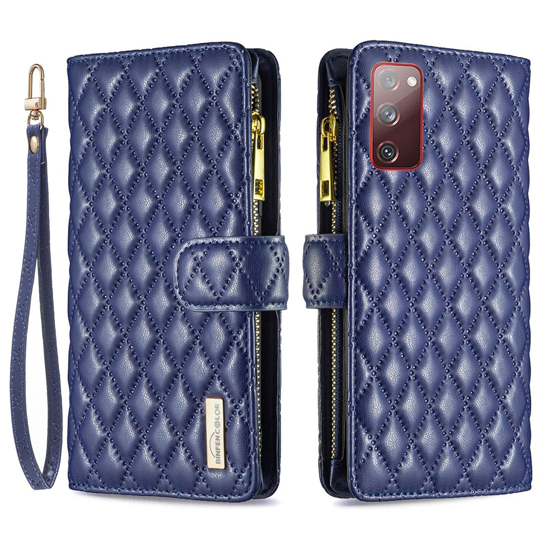 BINFEN COLOR for Samsung Galaxy S20 FE 4G / FE 5G / S20 Lite / S20 FE 2022 BF Style-15 Well-protected Imprinted Rhombus Pattern Case with Zipper Pocket Stand Matte PU Leather Wallet Cover - Blue