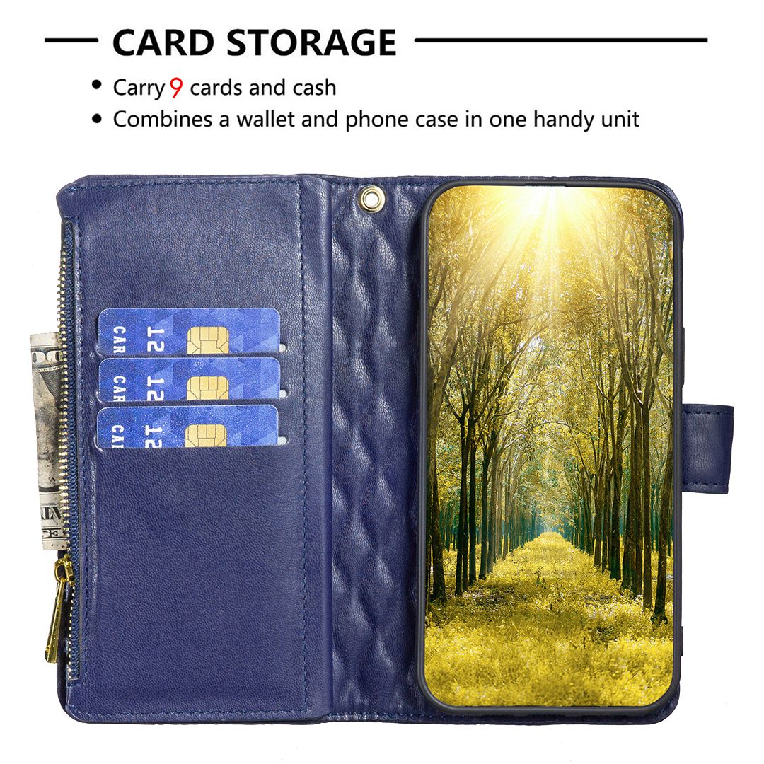 BINFEN COLOR for Samsung Galaxy S20 FE 4G / FE 5G / S20 Lite / S20 FE 2022 BF Style-15 Well-protected Imprinted Rhombus Pattern Case with Zipper Pocket Stand Matte PU Leather Wallet Cover - Blue