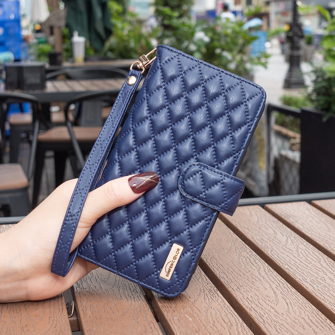 BINFEN COLOR for Samsung Galaxy S20 FE 4G / FE 5G / S20 Lite / S20 FE 2022 BF Style-15 Well-protected Imprinted Rhombus Pattern Case with Zipper Pocket Stand Matte PU Leather Wallet Cover - Blue