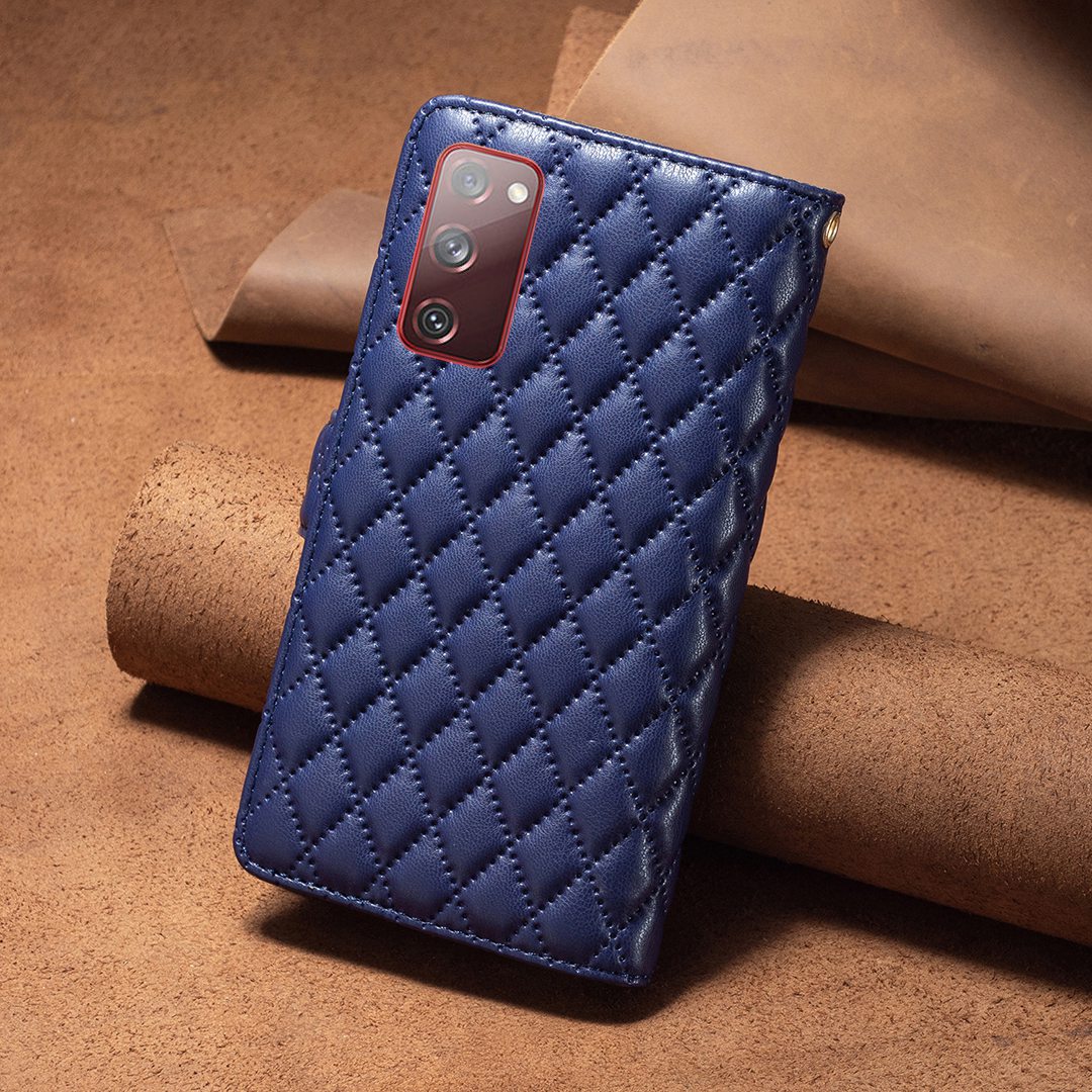 BINFEN COLOR for Samsung Galaxy S20 FE 4G / FE 5G / S20 Lite / S20 FE 2022 BF Style-15 Well-protected Imprinted Rhombus Pattern Case with Zipper Pocket Stand Matte PU Leather Wallet Cover - Blue