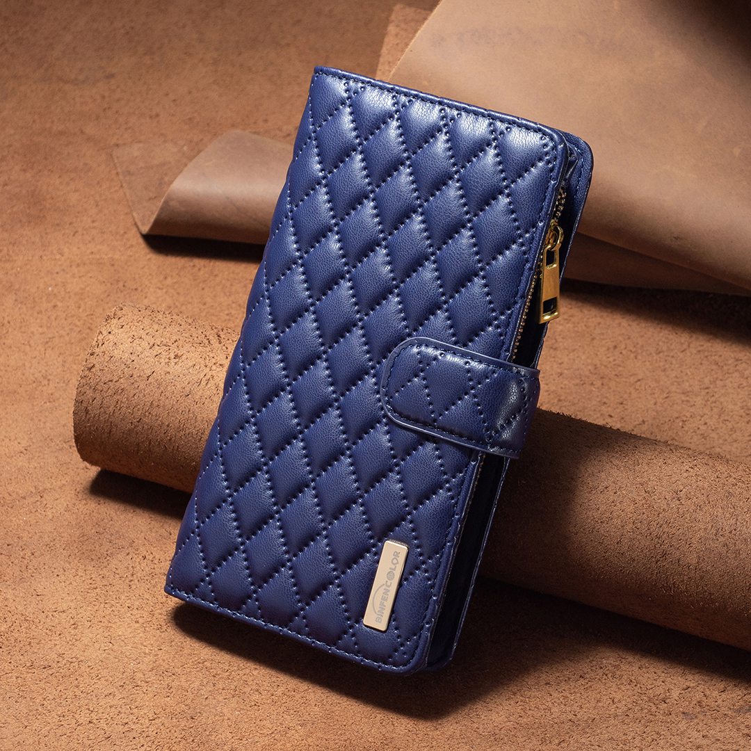 BINFEN COLOR for Samsung Galaxy S20 FE 4G / FE 5G / S20 Lite / S20 FE 2022 BF Style-15 Well-protected Imprinted Rhombus Pattern Case with Zipper Pocket Stand Matte PU Leather Wallet Cover - Blue