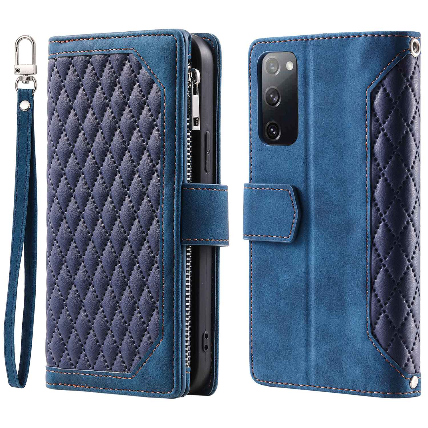 005 Smartphone Cover for Samsung Galaxy S20 FE 2022 / S20 Lite / S20 FE 5G / 4G, Handy Strap Rhombus Grid Textured PU Leather Zipper Pocket Stand Wallet Case - Blue