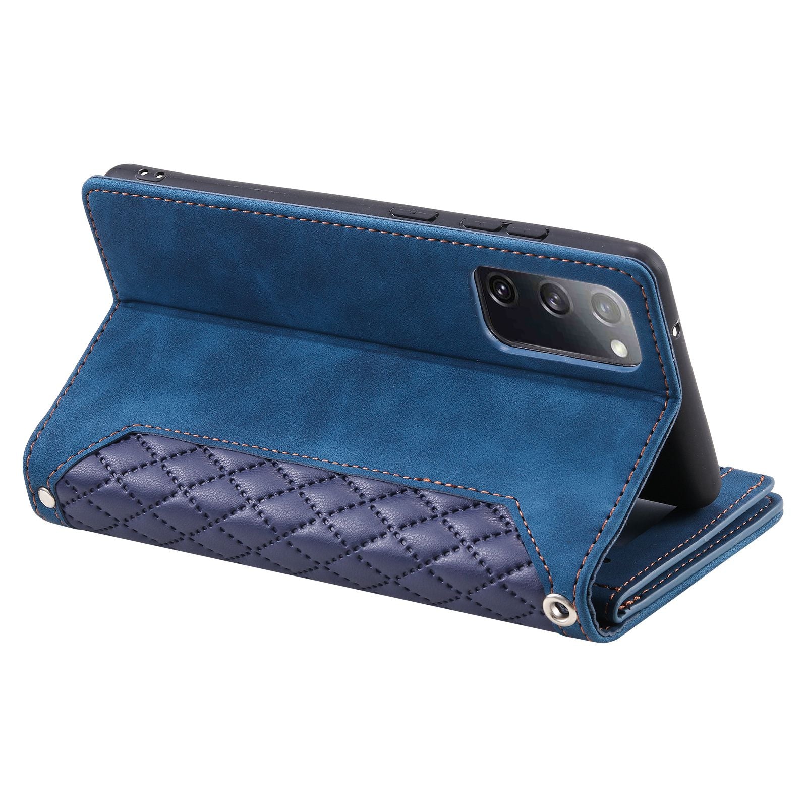 005 Smartphone Cover for Samsung Galaxy S20 FE 2022 / S20 Lite / S20 FE 5G / 4G, Handy Strap Rhombus Grid Textured PU Leather Zipper Pocket Stand Wallet Case - Blue