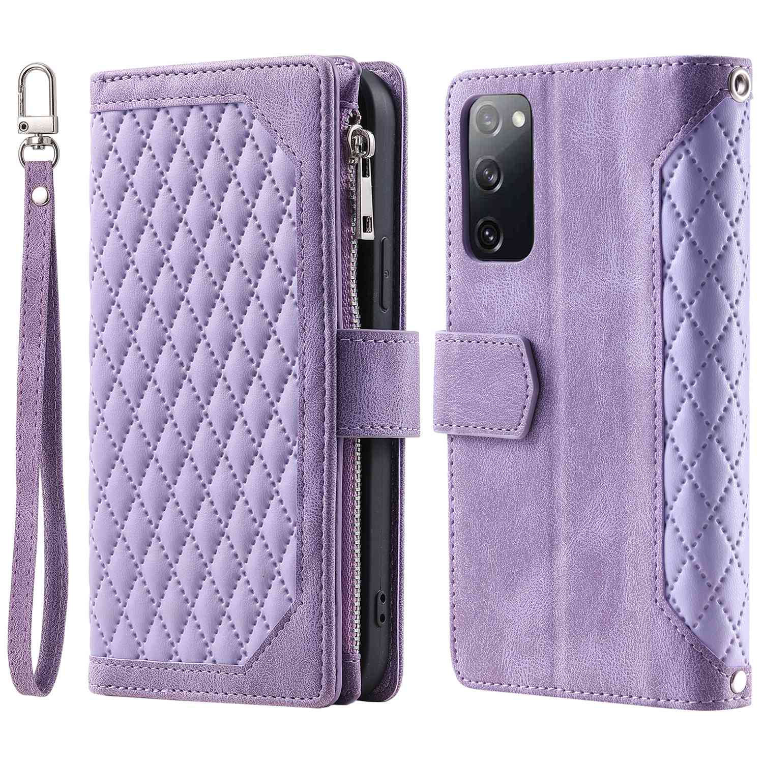 005 Smartphone Cover for Samsung Galaxy S20 FE 2022 / S20 Lite / S20 FE 5G / 4G, Handy Strap Rhombus Grid Textured PU Leather Zipper Pocket Stand Wallet Case - Purple