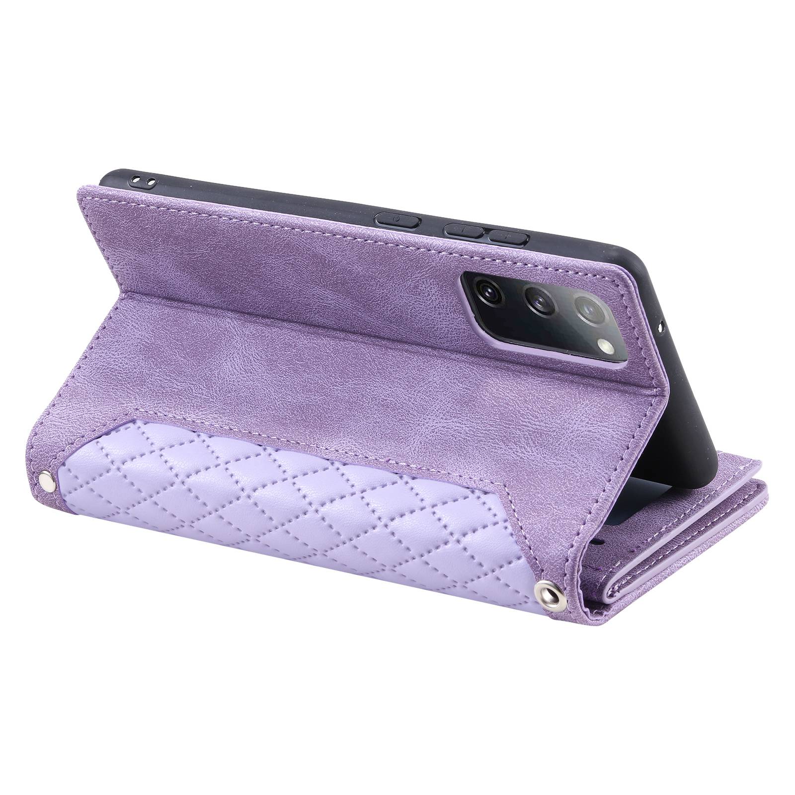 005 Smartphone Cover for Samsung Galaxy S20 FE 2022 / S20 Lite / S20 FE 5G / 4G, Handy Strap Rhombus Grid Textured PU Leather Zipper Pocket Stand Wallet Case - Purple