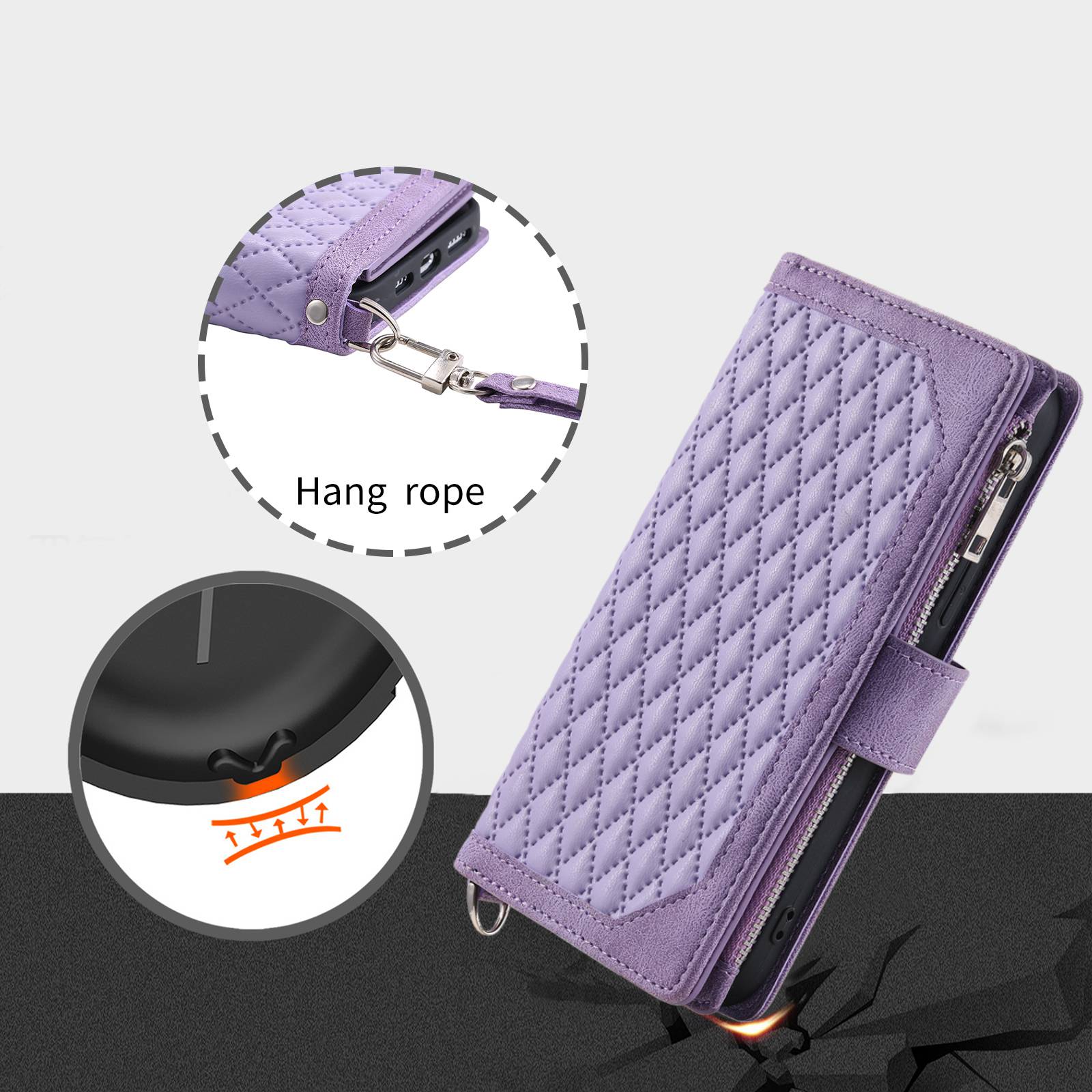 005 Smartphone Cover for Samsung Galaxy S20 FE 2022 / S20 Lite / S20 FE 5G / 4G, Handy Strap Rhombus Grid Textured PU Leather Zipper Pocket Stand Wallet Case - Purple