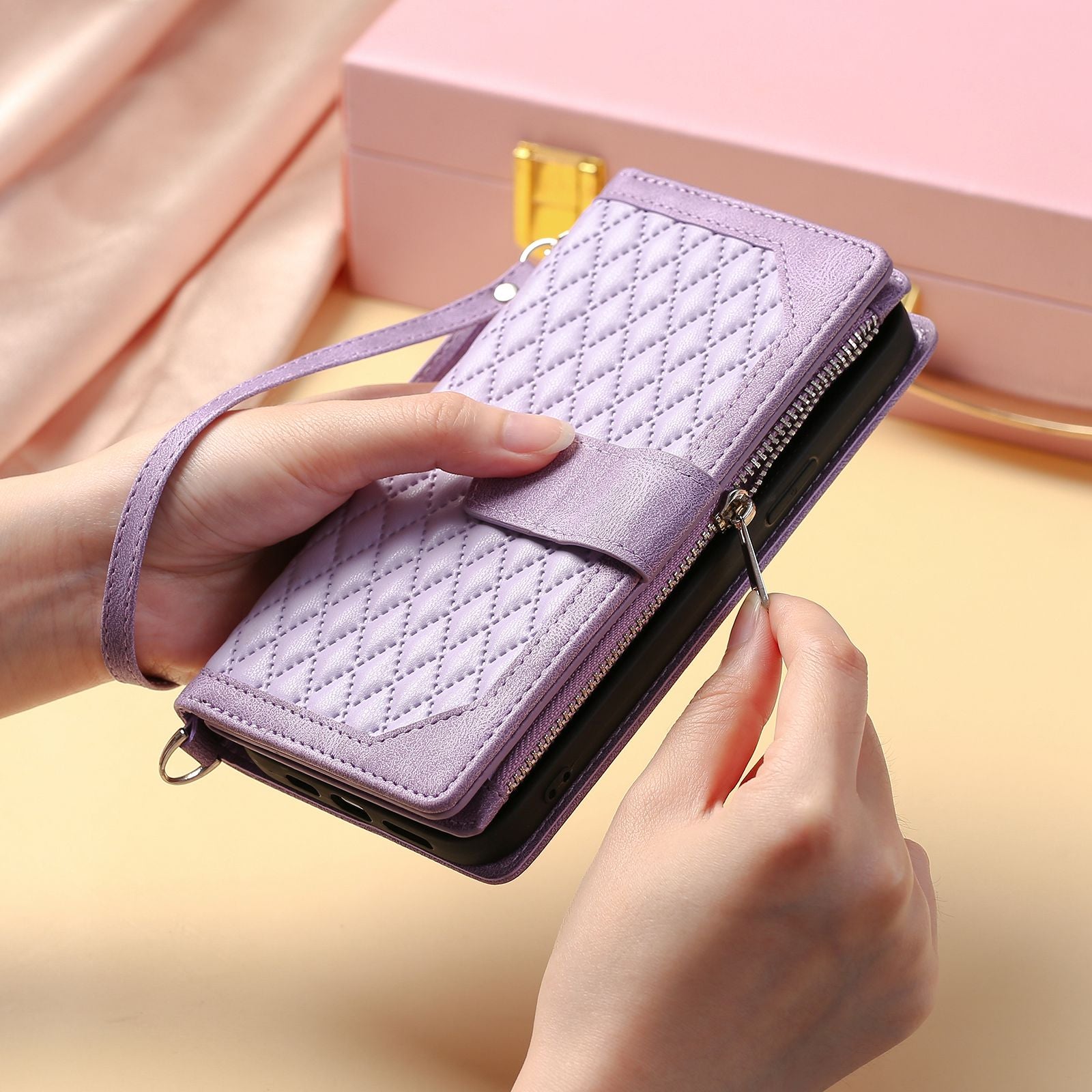 005 Smartphone Cover for Samsung Galaxy S20 FE 2022 / S20 Lite / S20 FE 5G / 4G, Handy Strap Rhombus Grid Textured PU Leather Zipper Pocket Stand Wallet Case - Purple