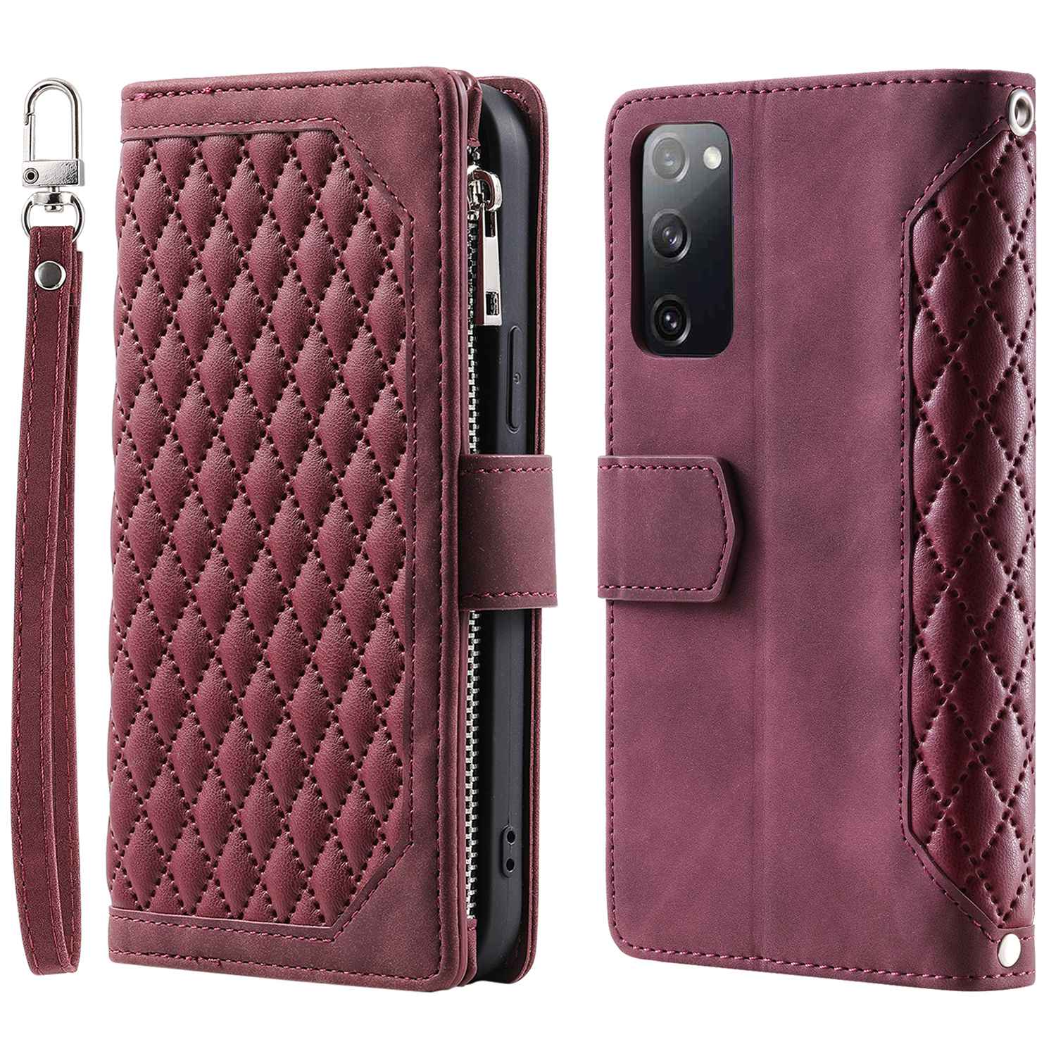 005 Smartphone Cover for Samsung Galaxy S20 FE 2022 / S20 Lite / S20 FE 5G / 4G, Handy Strap Rhombus Grid Textured PU Leather Zipper Pocket Stand Wallet Case - Wine Red