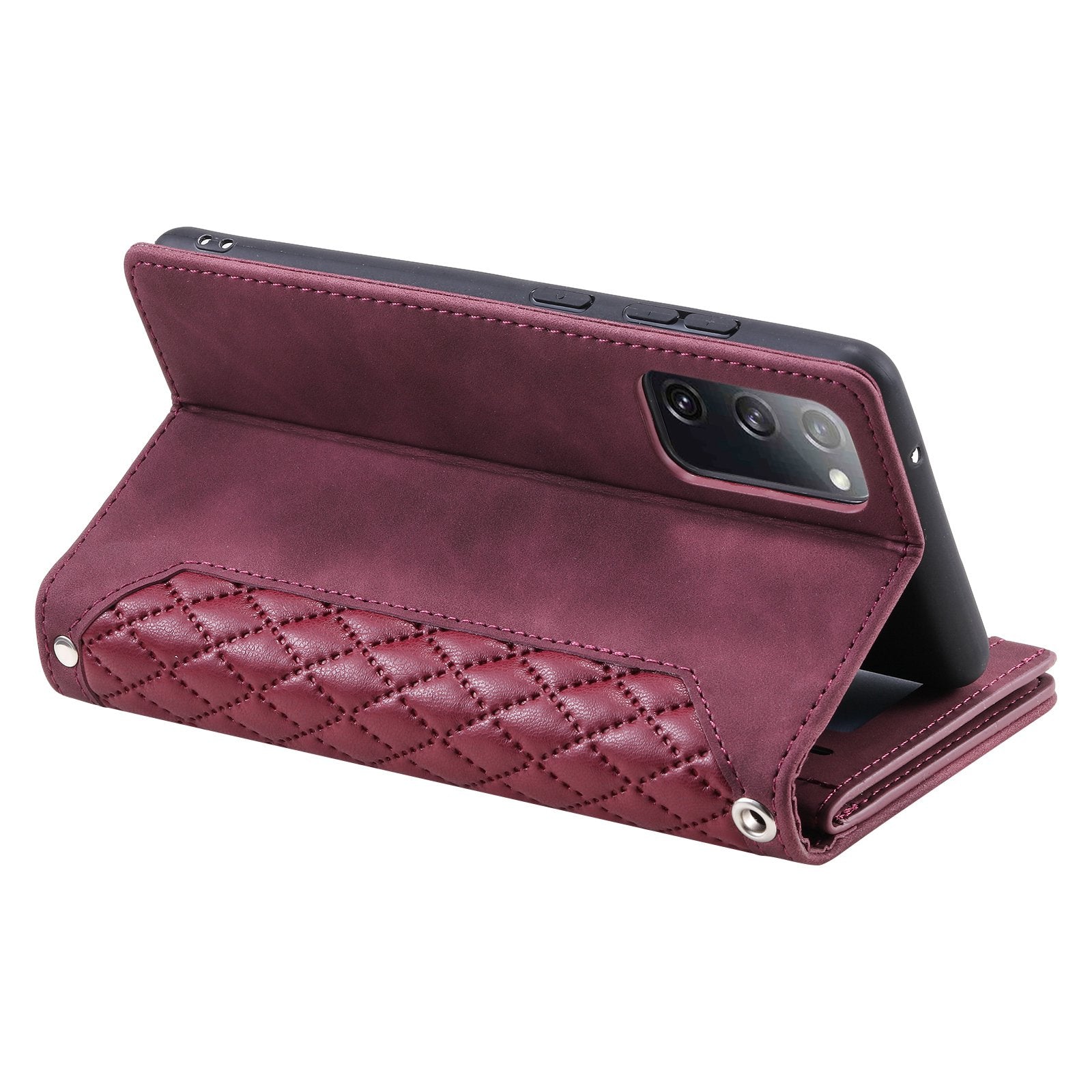 005 Smartphone Cover for Samsung Galaxy S20 FE 2022 / S20 Lite / S20 FE 5G / 4G, Handy Strap Rhombus Grid Textured PU Leather Zipper Pocket Stand Wallet Case - Wine Red