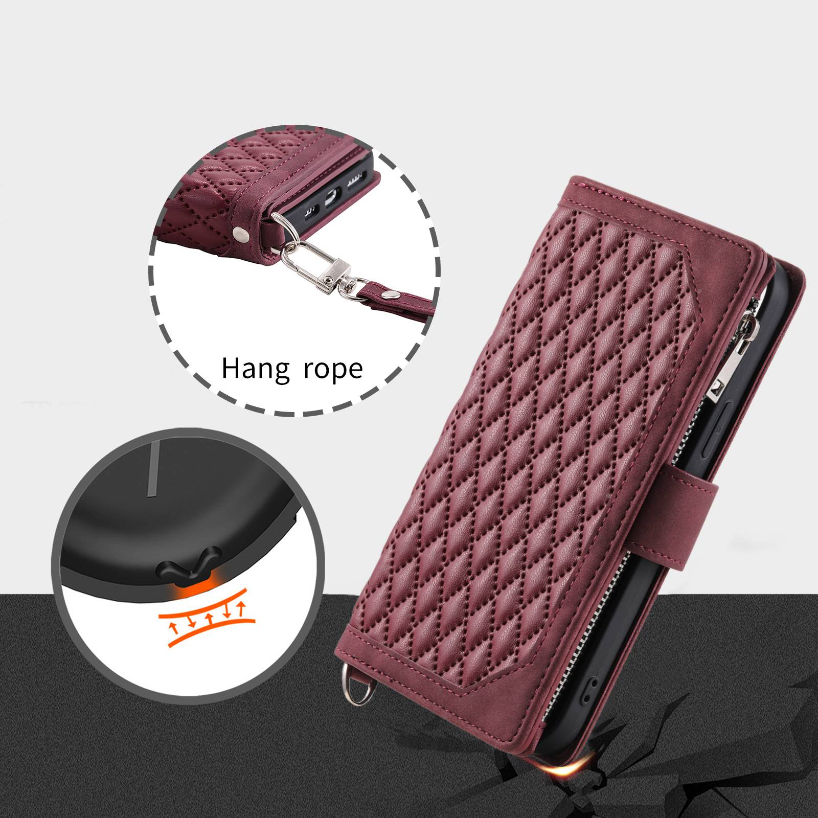 005 Smartphone Cover for Samsung Galaxy S20 FE 2022 / S20 Lite / S20 FE 5G / 4G, Handy Strap Rhombus Grid Textured PU Leather Zipper Pocket Stand Wallet Case - Wine Red