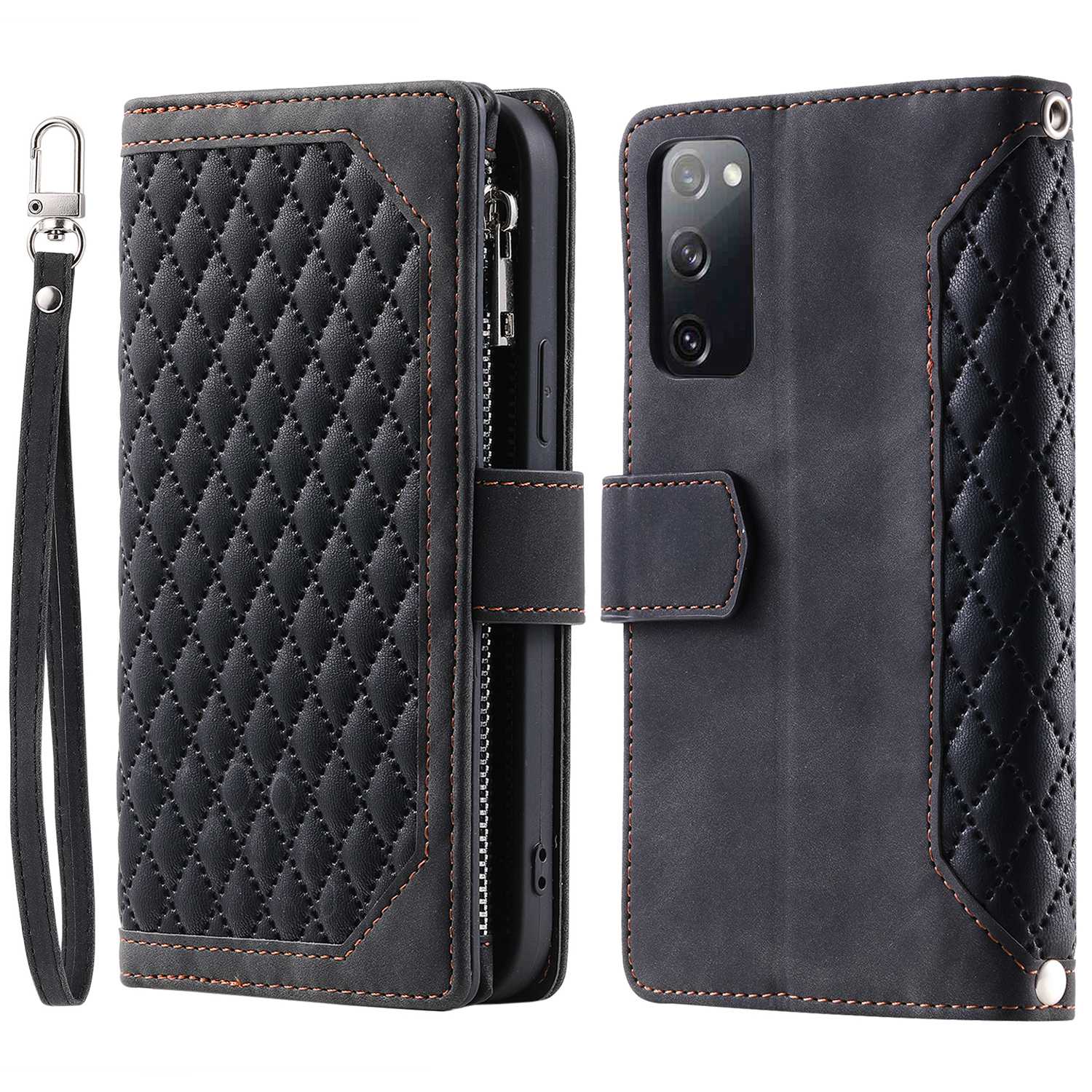 005 Smartphone Cover for Samsung Galaxy S20 FE 2022 / S20 Lite / S20 FE 5G / 4G, Handy Strap Rhombus Grid Textured PU Leather Zipper Pocket Stand Wallet Case - Black