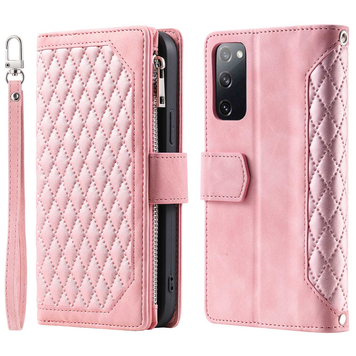 005 Smartphone Cover for Samsung Galaxy S20 FE 2022 / S20 Lite / S20 FE 5G / 4G, Handy Strap Rhombus Grid Textured PU Leather Zipper Pocket Stand Wallet Case - Rose Gold