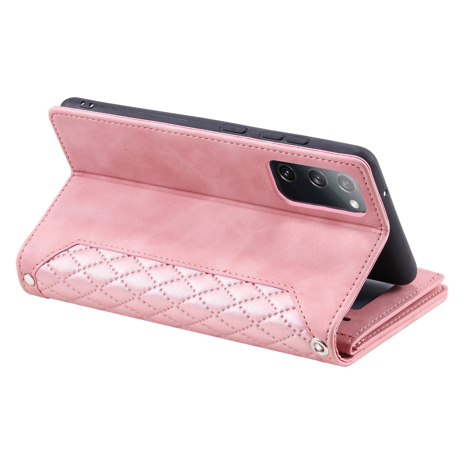 005 Smartphone Cover for Samsung Galaxy S20 FE 2022 / S20 Lite / S20 FE 5G / 4G, Handy Strap Rhombus Grid Textured PU Leather Zipper Pocket Stand Wallet Case - Rose Gold