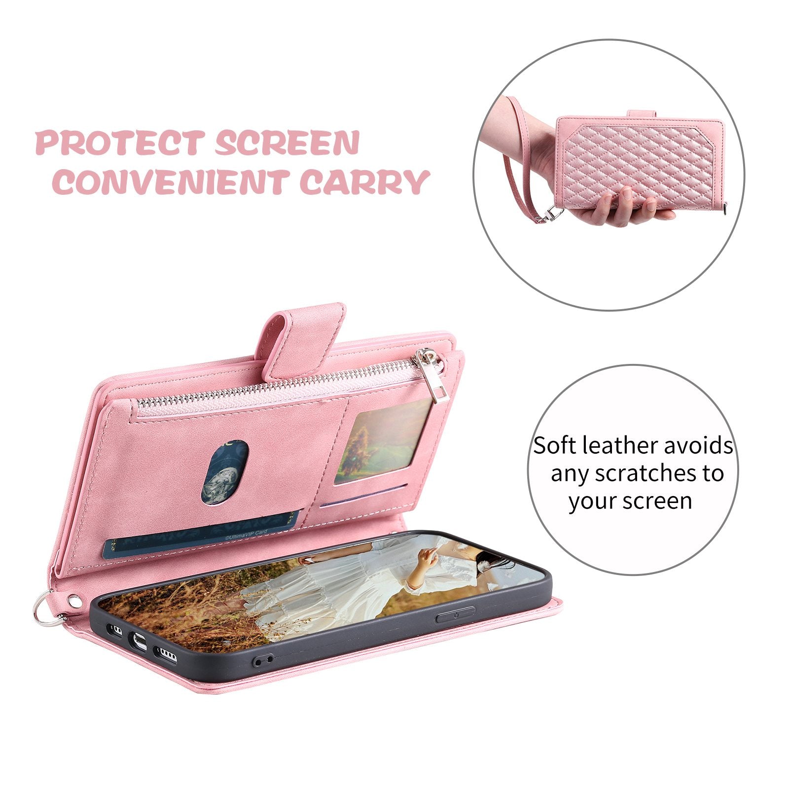 005 Smartphone Cover for Samsung Galaxy S20 FE 2022 / S20 Lite / S20 FE 5G / 4G, Handy Strap Rhombus Grid Textured PU Leather Zipper Pocket Stand Wallet Case - Rose Gold