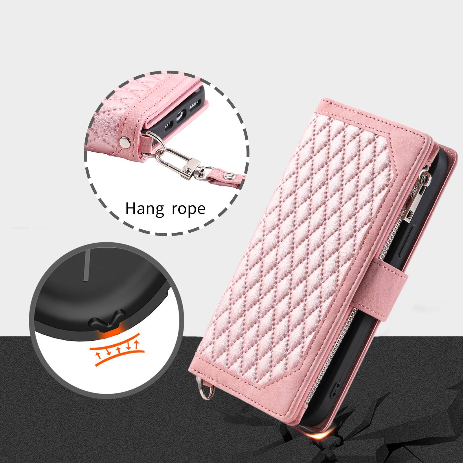 005 Smartphone Cover for Samsung Galaxy S20 FE 2022 / S20 Lite / S20 FE 5G / 4G, Handy Strap Rhombus Grid Textured PU Leather Zipper Pocket Stand Wallet Case - Rose Gold