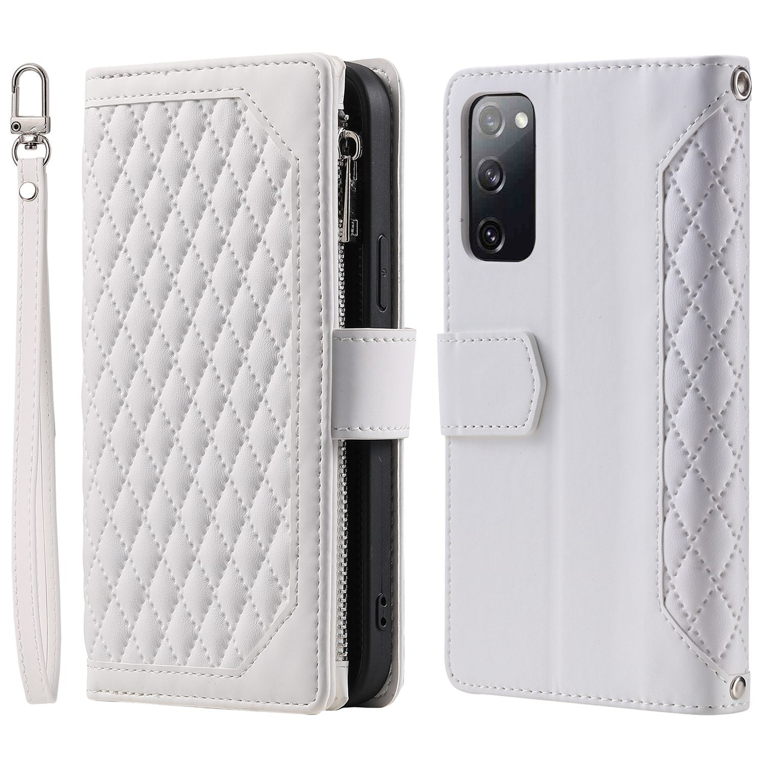 005 Smartphone Cover for Samsung Galaxy S20 FE 2022 / S20 Lite / S20 FE 5G / 4G, Handy Strap Rhombus Grid Textured PU Leather Zipper Pocket Stand Wallet Case - White