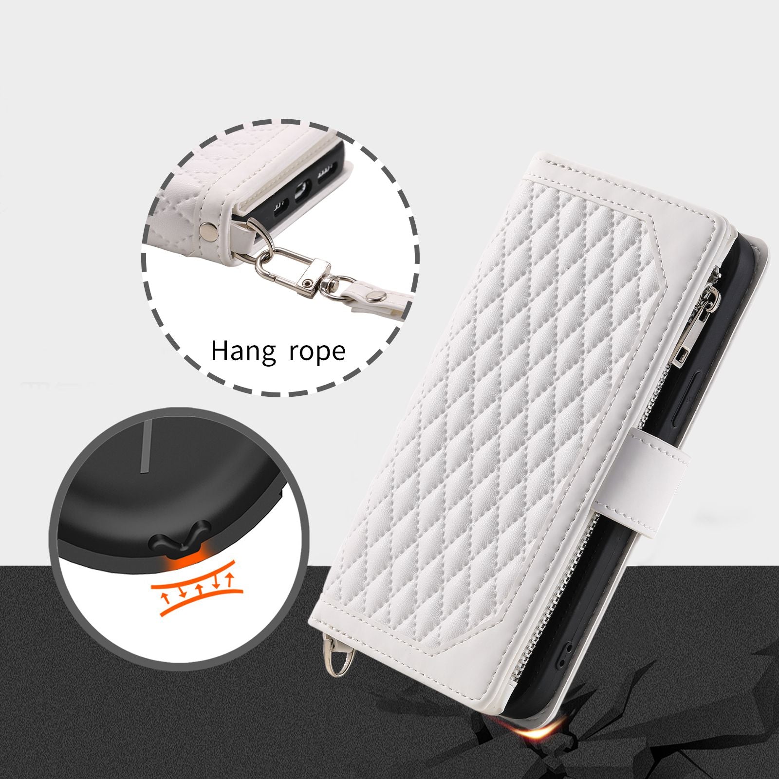 005 Smartphone Cover for Samsung Galaxy S20 FE 2022 / S20 Lite / S20 FE 5G / 4G, Handy Strap Rhombus Grid Textured PU Leather Zipper Pocket Stand Wallet Case - White