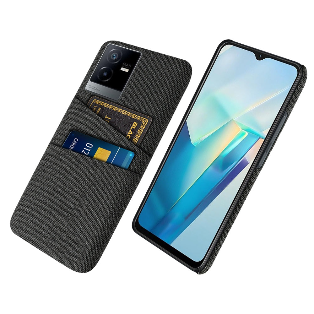 For vivo T2x 5G Cloth Texture Soft Touch Phone Case with Dual Card Slots Wear-resistant Protective Shell - Black